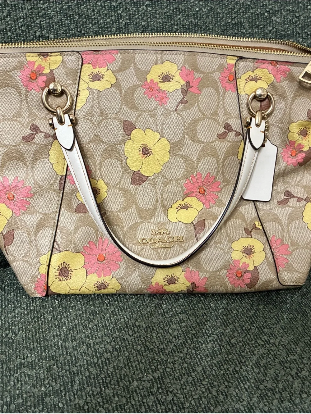 Coach Floral Signature Canvas Satchel - Beige with Yellow & Pink Flowers